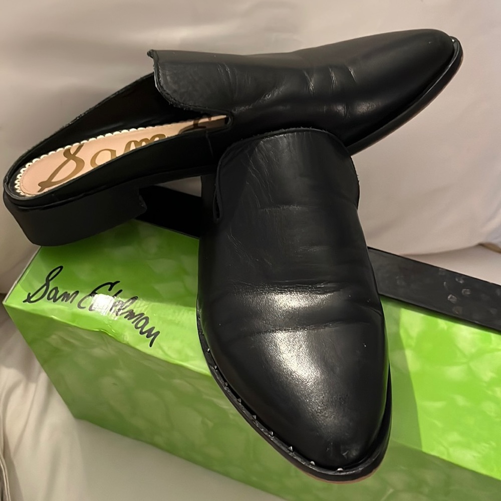 Sam Edelman, black mules, stud detail on one side. Leather.
